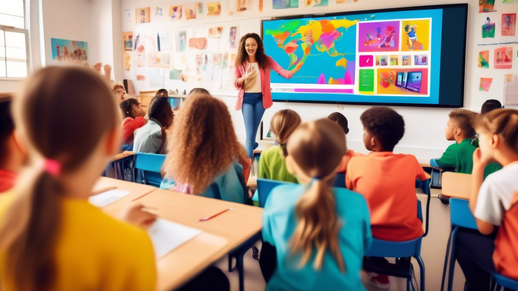 A group of students in a bright and colorful classroom, eagerly watching a video on a large screen. The video is full of vibrant animations and engaging visuals, and the students are all leaning in an