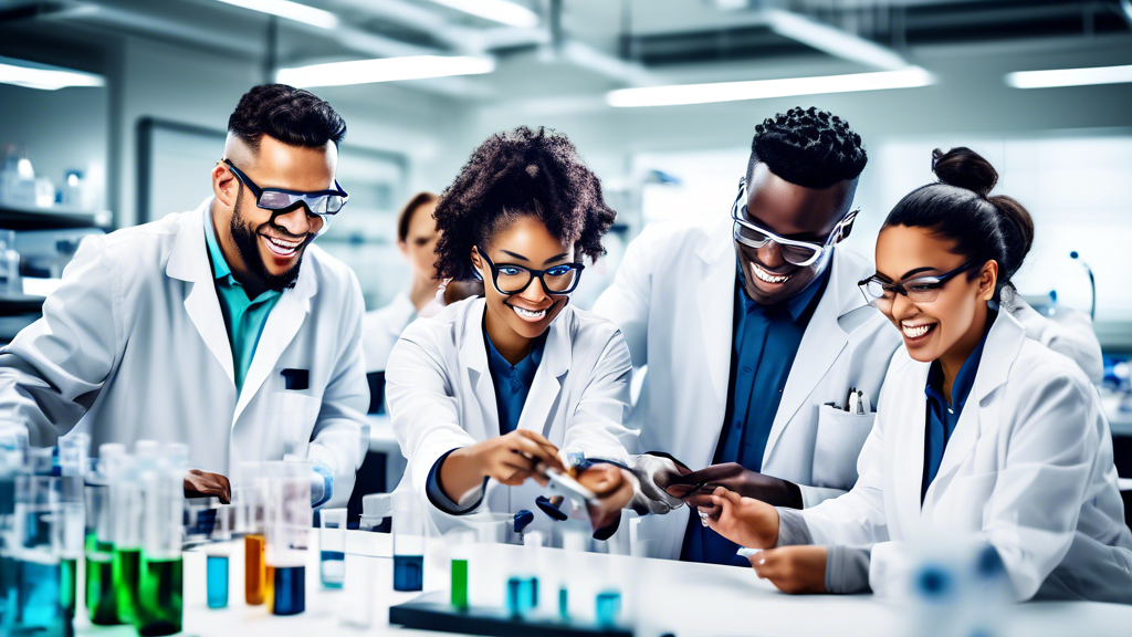 A diverse group of people in a modern laboratory or classroom setting, working together on a STEM project. The people are all dressed in lab coats and safety glasses, and they are smiling and collabor