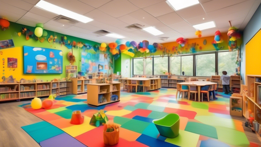 A vibrant and dynamic classroom where children are actively engaged in various interactive play-based learning activities. The students are immersed in hands-on experiences, collaborating, exploring, 