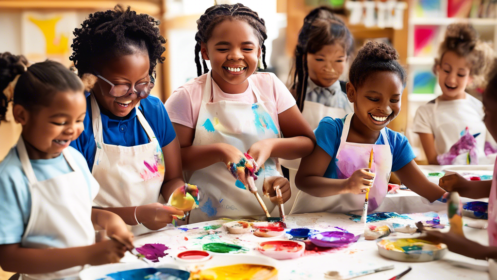 A group of diverse children wearing aprons are gathered around a table, engaged in various art projects. Some are painting, others are sculpting with clay, and still others are drawing. The children a
