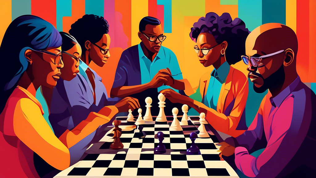 A vibrant and dynamic image of a group of diverse adults engaged in a variety of mind-sharpening games, such as chess, puzzles, and riddles. The image should capture the sense of concentration, cooper