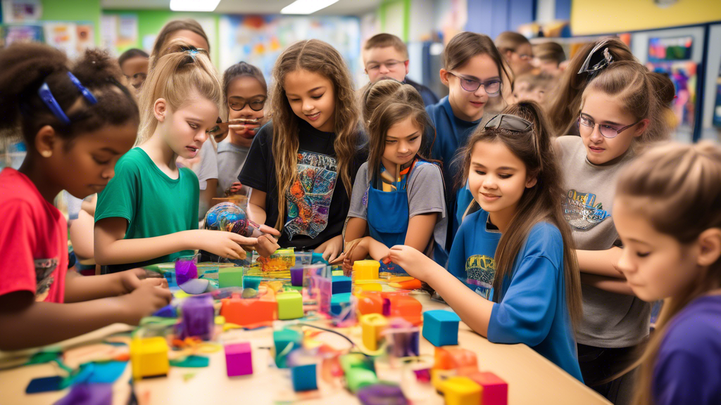 A vibrant and dynamic classroom filled with students engaged in hands-on STEAM activities. The room is alive with color, creativity, and the buzz of learning as students explore, question, and create.