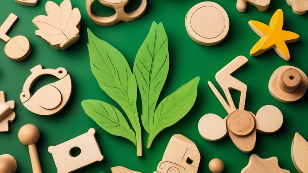 Close-up shot of various wooden toys arranged on a green leaf-shaped base, creating an eco-friendly arrangement representing sustainable learning and environmentally conscious play.