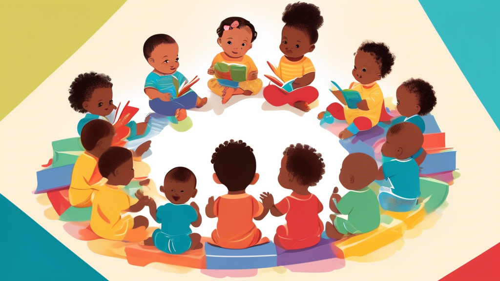 Create an image of a diverse group of babies sitting together in a circle, surrounded by colorful books and toys that promote early literacy skills. The babies are engaged and attentively looking at a book being read aloud by an adult in the center o