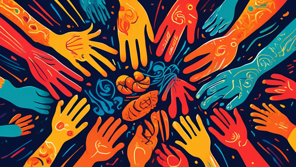Intricate, dynamic depiction of hands engaged in various kinesthetic activities, from kneading dough and painting to playing musical instruments and sewing. Vibrant colors and flowing lines emphasize 