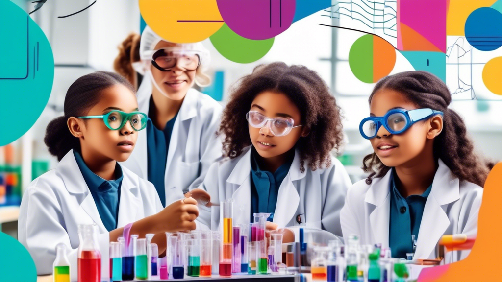 A diverse group of young girls wearing lab coats and safety goggles, working together on a science experiment in a well-equipped laboratory, surrounded by colorful charts and diagrams, with a large ba