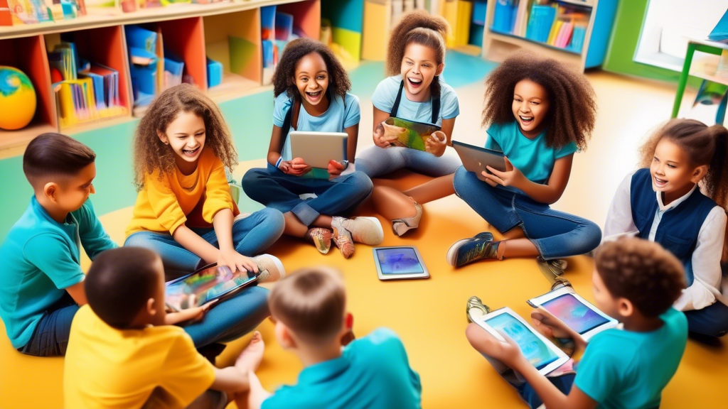 A group of excited elementary students sitting in a circle on the floor of a classroom, using tablets and laptops to read and learn. The classroom is bright and colorful, with bookshelves and posters 