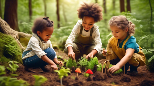 A group of children in a forest setting, engaged in various Montessori and Waldorf-inspired outdoor activities, such as gardening, nature exploration, and creative play. The scene conveys a sense of c
