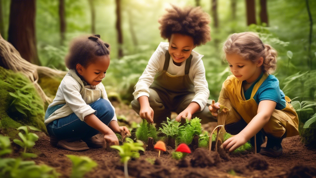 A group of children in a forest setting, engaged in various Montessori and Waldorf-inspired outdoor activities, such as gardening, nature exploration, and creative play. The scene conveys a sense of c