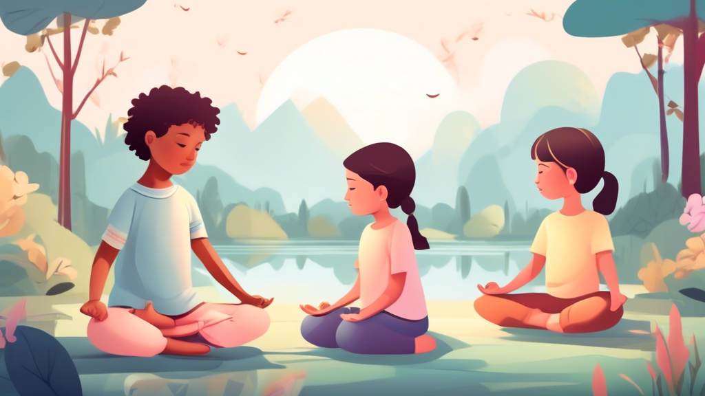 A serene and peaceful scene of children practicing mindfulness meditation in a tranquil setting, surrounded by nature and soft colors