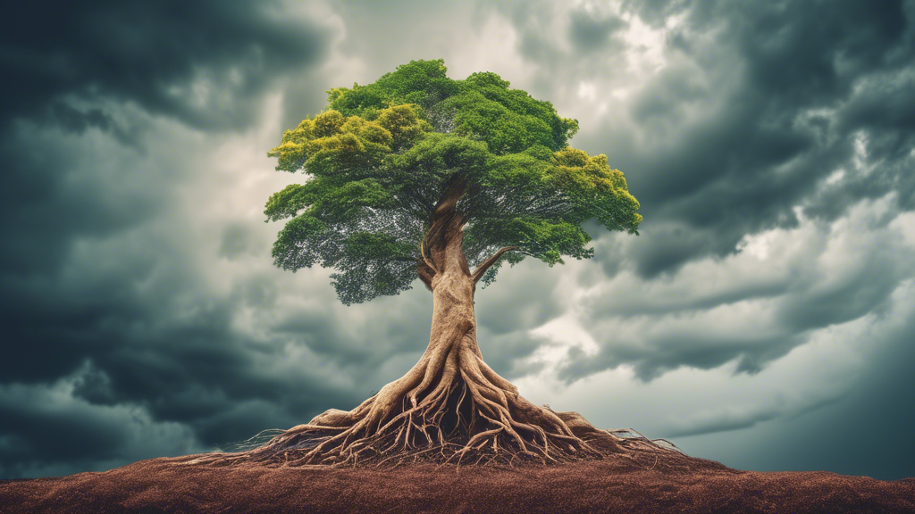 A tree with deep roots, reaching up to the sky, facing winds and storms, with the words Resilience and Growth Mindset emblazoned on its trunk.