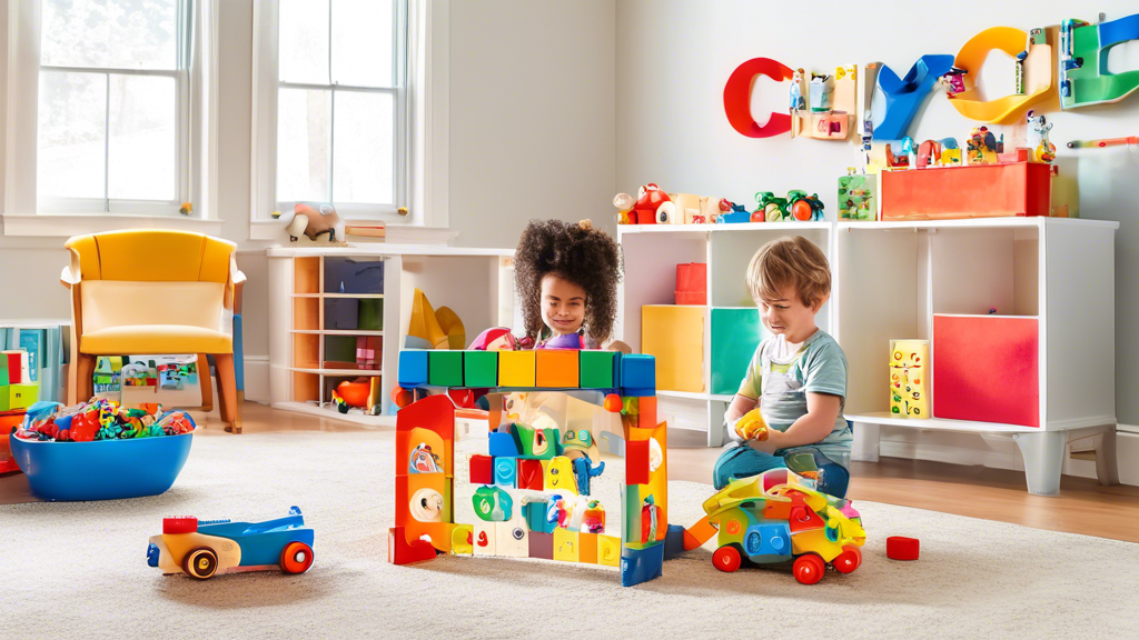 A colorful and engaging playroom filled with a variety of cognitive development toys for preschoolers, such as building blocks, puzzles, shape sorters, and books. The toys are designed to stimulate cr