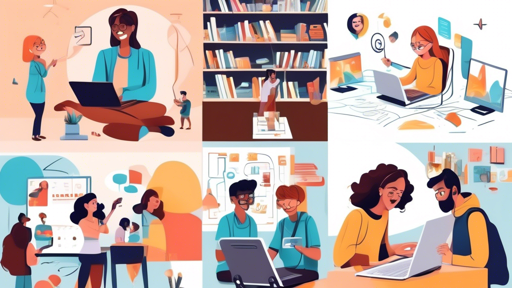 A collage of five fun virtual learning activities for remote students, including an online whiteboard with students collaborating, a virtual field trip to a museum, a live online science experiment, a