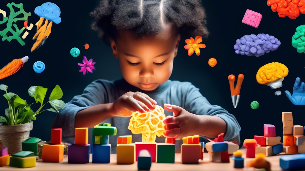 A child's hands immersed in various hands-on learning activities, such as building blocks, painting, and gardening, with a glowing brain in the background representing the cognitive power unlocked by 
