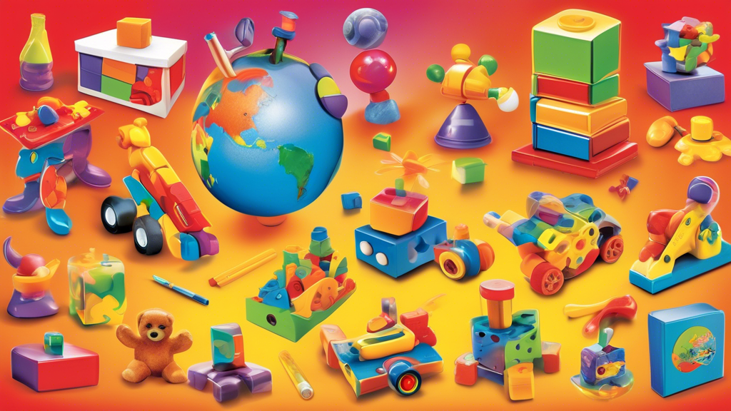 Create an image of diverse educational toys for kids featuring interactive puzzles, building blocks, science kits, and books, all designed to enhance learning and creativity in children. Each toy should be showcased in a colorful and engaging manner 