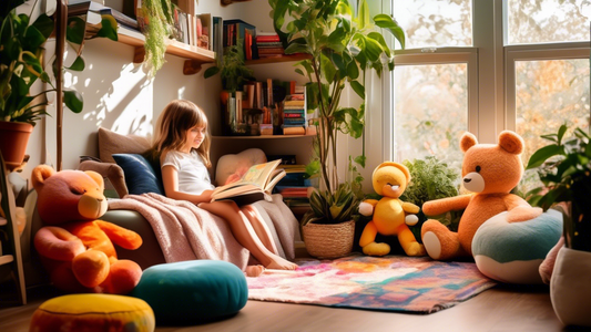 A cozy and inviting reading nook filled with colorful books, plush toys, and a young child engrossed in a book. The nook is bathed in warm, natural light and surrounded by plants, creating a serene an