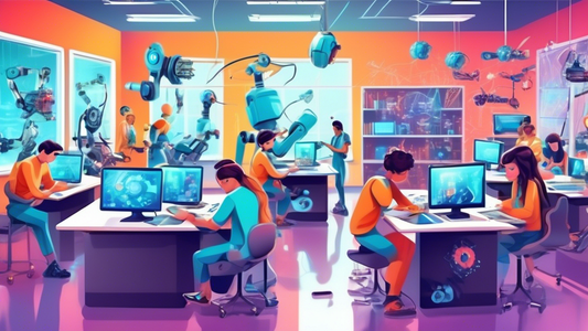 A futuristic classroom filled with students working on robotics projects, with a focus on the hands-on, collaborative, and creative aspects of STEM education.