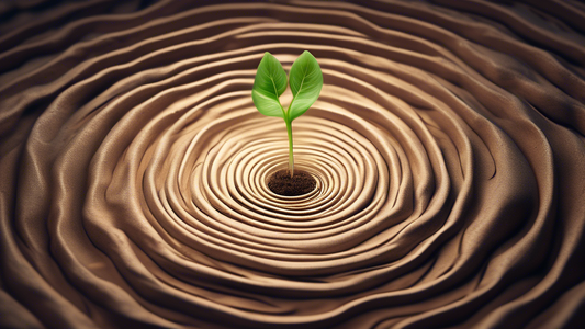 A visualization of a growth mindset. It shows a seed sprouting from the ground, symbolizing the potential for growth. The seed is surrounded by a swirling vortex of knowledge and inspiration, represen