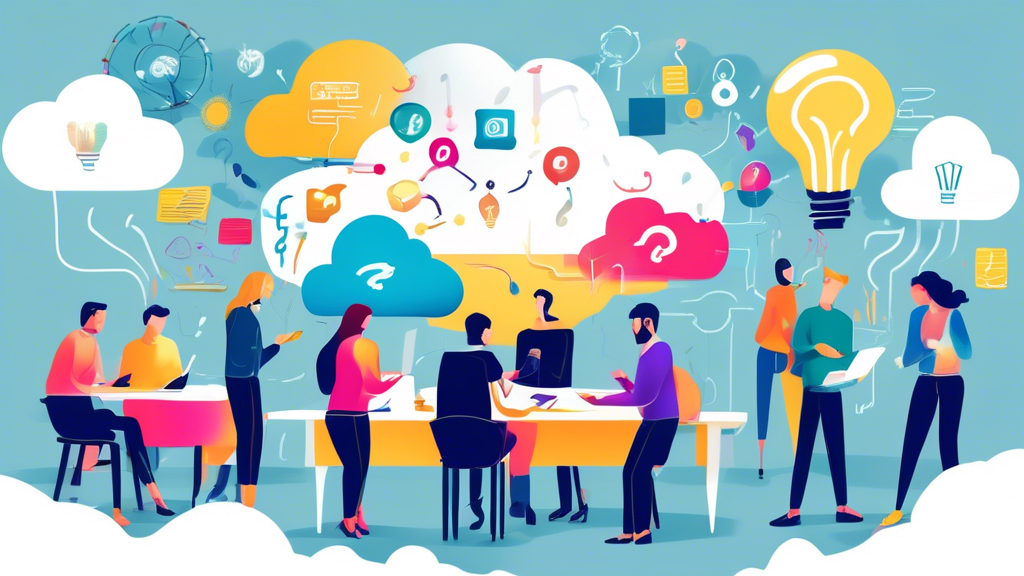 A group of people working together, sharing ideas, and brainstorming around a large table, with clouds of ideas and concepts swirling above them