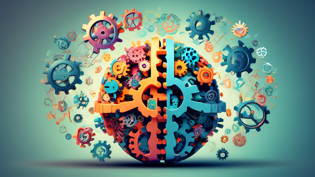 A brain floating in a sphere surrounded by gears, books, and mathematical symbols, representing the challenge and stimulation of brain teasers for cognitive enhancement.