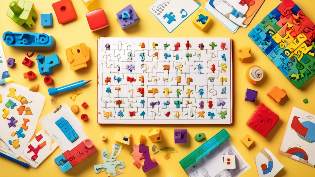 An assortment of educational toys designed to enhance memory, such as puzzles, flashcards, and building blocks, scattered on a table with a notebook and pencil in the background, with a focus on the t
