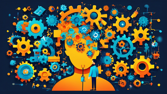 A vibrant and dynamic illustration depicting an individual with a growth mindset, surrounded by puzzle pieces, gears, and other problem-solving elements, unlocking their potential through the power of
