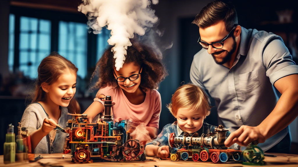 A family of four, two adults and two children, working together on a complex STEAM project. The family is having fun and learning together. The image should be warm and inviting, and show the benefits
