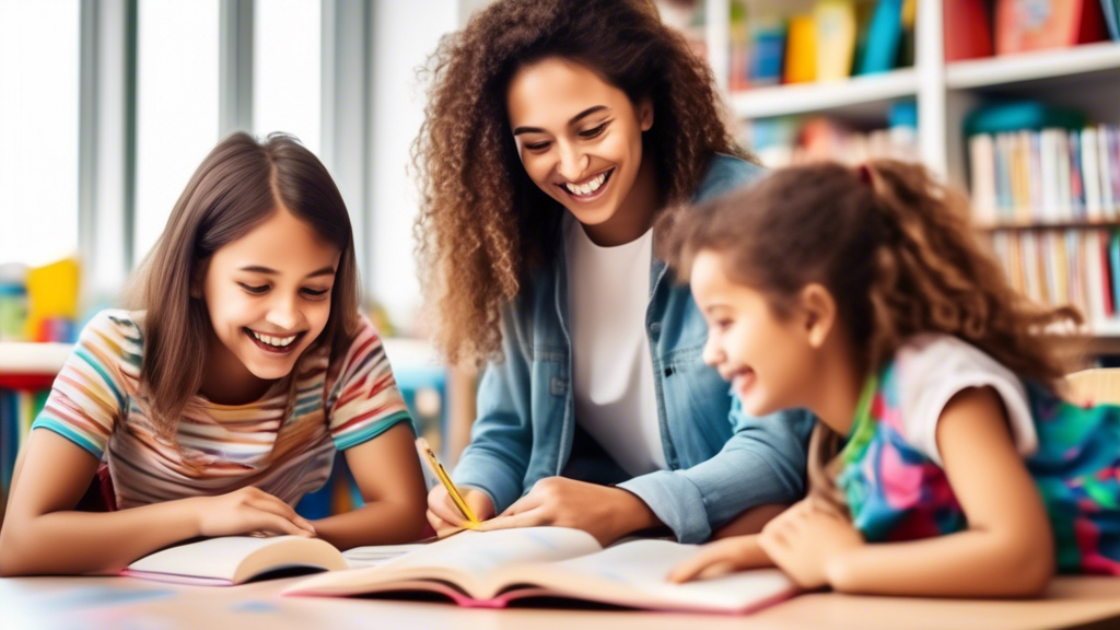 Two young students reading books with a smiling teacher in the background, symbolizing the harmonious collaboration between parents and teachers in fostering cognitive development.