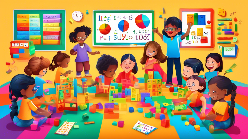 A vibrant and playful classroom scene filled with children enthusiastically engaged in hands-on math activities, surrounded by colorful visual aids, manipulatives, and interactive games that bring mat