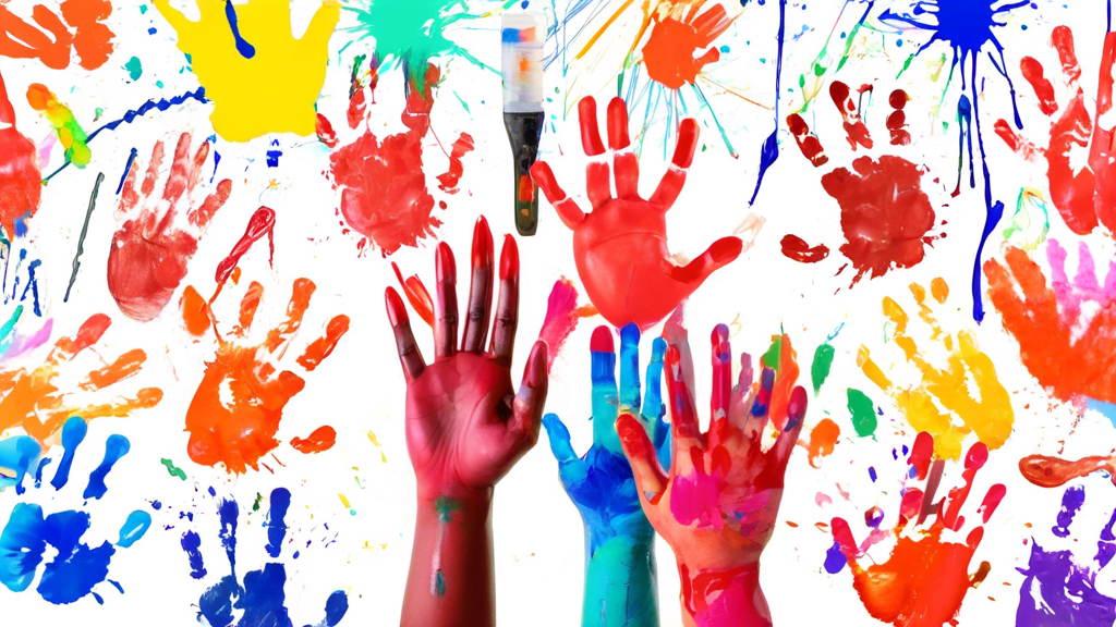 A group of diverse children creating colorful handprint artwork on a large canvas, with the words Hands-On Art written in bold font above them, surrounded by paintbrushes, paint tubes, and canvases