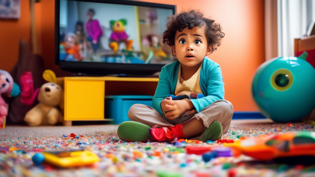 A photograph of a preschooler sitting on the floor in front of a television, with a look of confusion and boredom on their face. The television screen is displaying a brightly colored cartoon characte