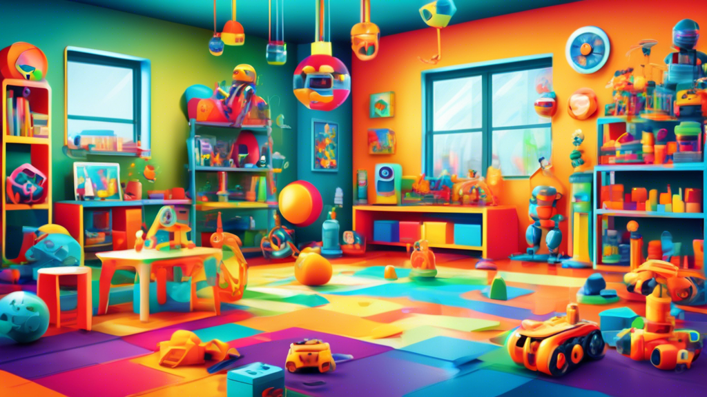 Create an image of a colorful playroom filled with various STEM toys for kids, including robotics kits, building blocks, coding games, and science experiment sets. The room is vibrant and inviting, showcasing a fun and educational environment for chi