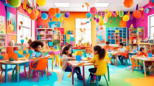 A vibrant and imaginative classroom where cheerful children engage in playful and collaborative learning activities, surrounded by colorful decorations and interactive educational tools.