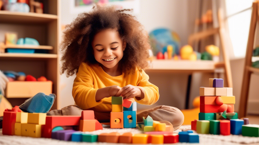 Create an image of a cozy and colorful home learning environment for preschoolers, filled with engaging activities such as colorful building blocks, art supplies, storybooks, and educational toys. Show a young child joyfully engaging in hands-on lear