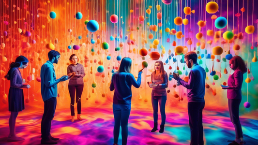 A vibrant and surreal scene depicting a group of people engaging in multisensory learning techniques to unlock language comprehension. The image should convey the idea of words and concepts being expl