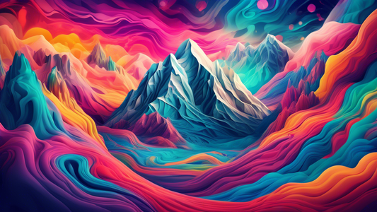An ethereal landscape where the contours of mountains resemble a brain, surrounded by a swirling vortex of vibrant colors and abstract shapes, representing the growth and evolution of emotional intell