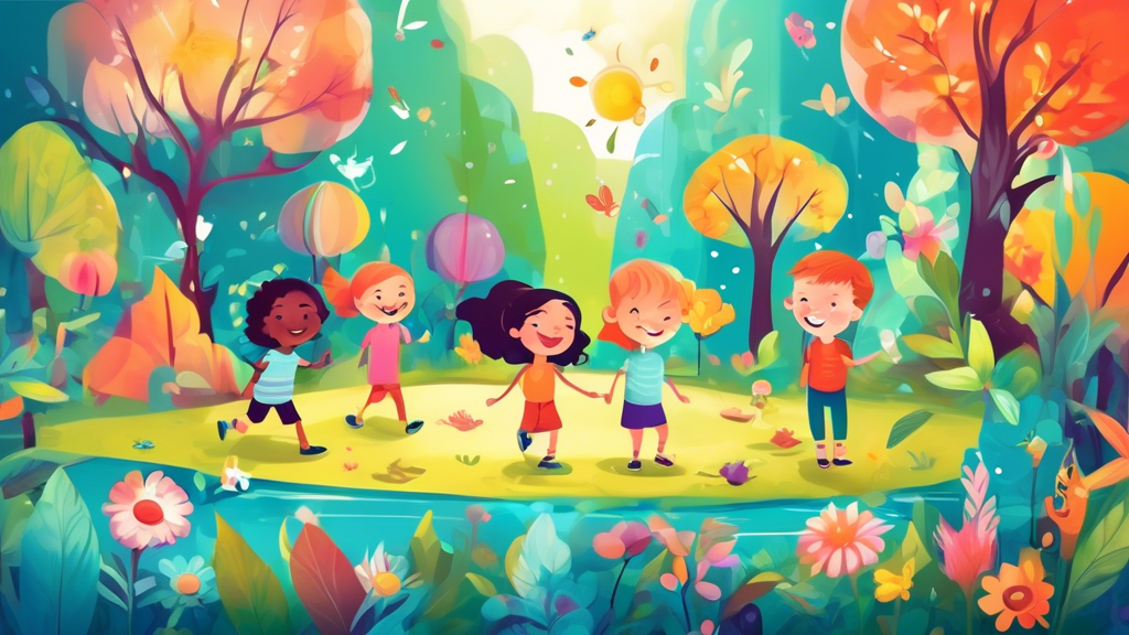 A vibrant and serene scene of children practicing mindfulness in a colorful and whimsical environment, surrounded by elements of nature and imagination. The children should appear peaceful and focused