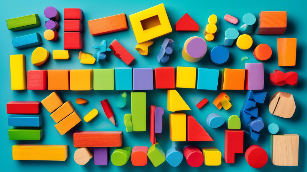 Create an image that captures the essential tools for early learning success, such as blocks, books, crayons, and puzzles, arranged in a colorful and playful way that evokes the joy and wonder of lear