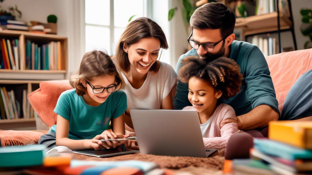 A family in a cozy living room, working together on a laptop and tablets, surrounded by books and educational materials, showcasing the seamless integration of technology in their homeschooling journe