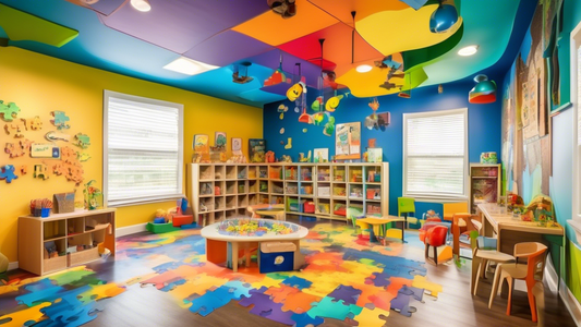 A vibrant and interactive playroom filled with puzzles, games, and activities that foster critical thinking and problem-solving skills in young children. The room is designed to be a fun and engaging 