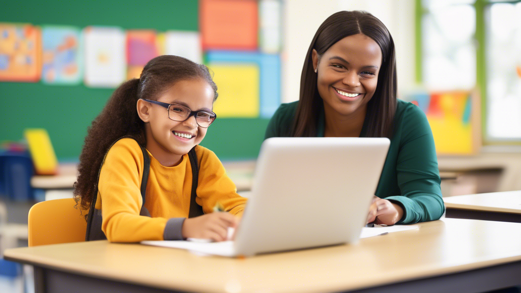 A friendly teacher sitting at a desk with a young student. The teacher is using a computer to access personalized learning software. The student is smiling and engaged in the lesson. The computer scre