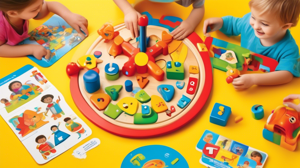 Create an image of a colorful and engaging toy that incorporates different shapes and puzzles, surrounded by children who are happily engaged and interacting with it. The children are smiling and pointing to different parts of the toy, showcasing the