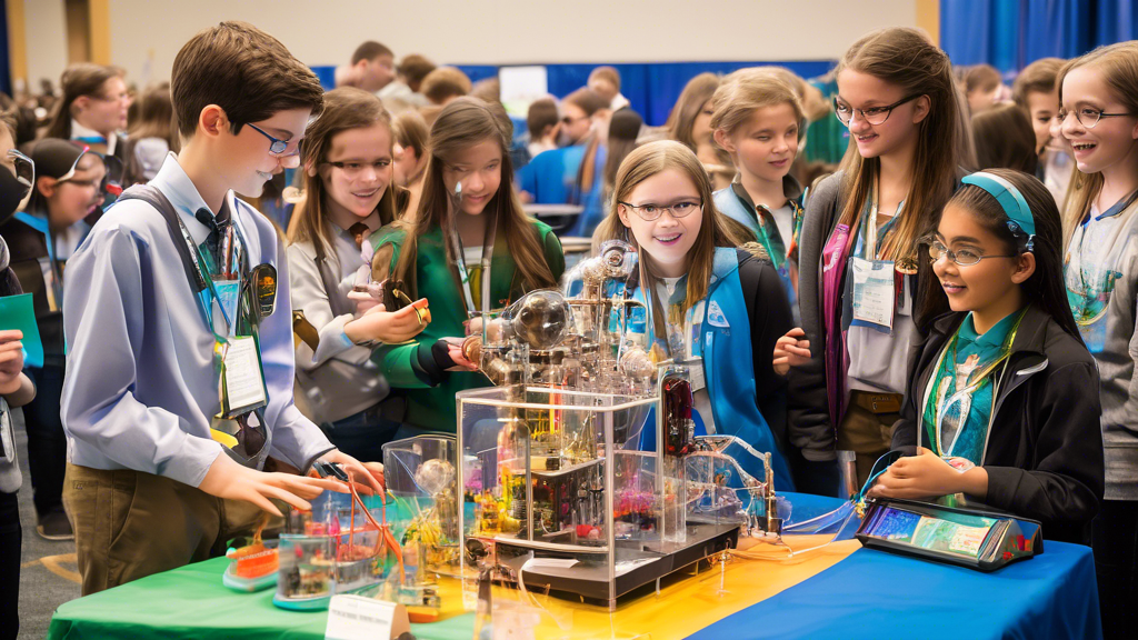 A vibrant and dynamic science fair scene with students showcasing their innovative STEAM projects. The atmosphere is filled with excitement and curiosity, with colorful displays and interactive experi