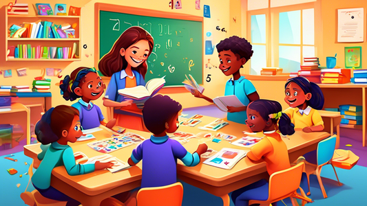 A colorful and engaging classroom scene where students are actively engaged in phonics learning activities. Children are reading books, writing letters, and playing games that reinforce phonics skills