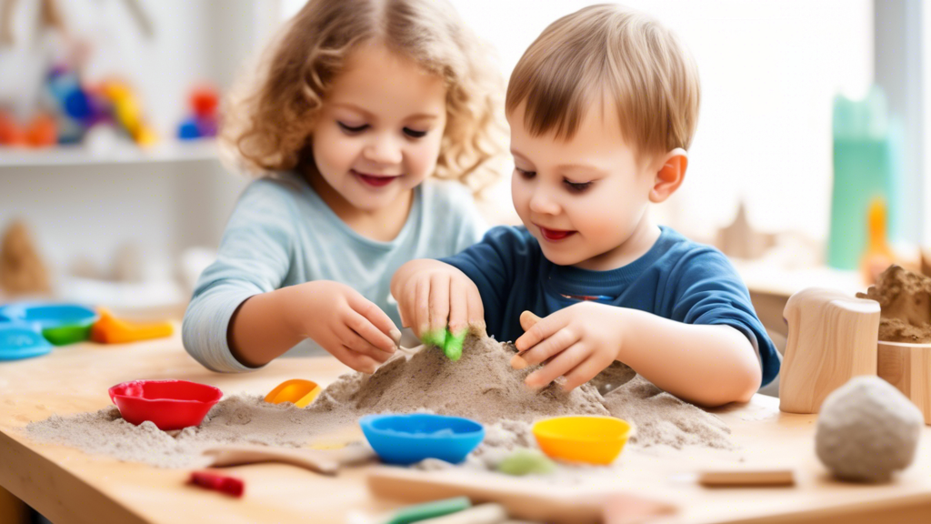 Create an image of a child interacting with a variety of hands-on tools and sensory materials like clay, sand, water, and textured objects to explore sensory development. The child should be engaged in tactile experiences and experimenting with diffe