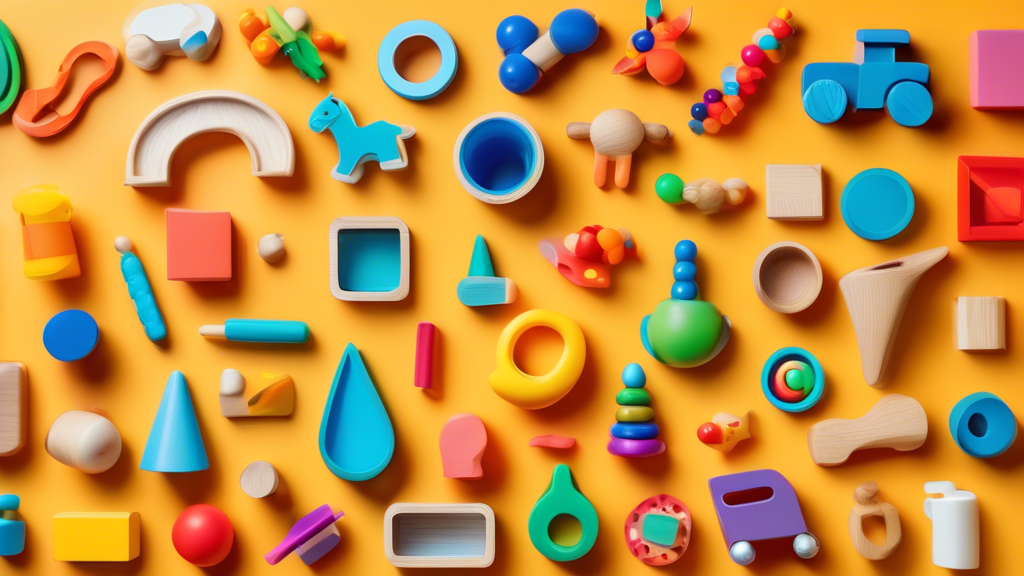 Create an image of a colorful array of Montessori sensorial toys displayed on a digital screen, with icons of various well-known online retailers such as Amazon, Walmart, Target, and Etsy surrounding the toys. The image should convey a sense of varie