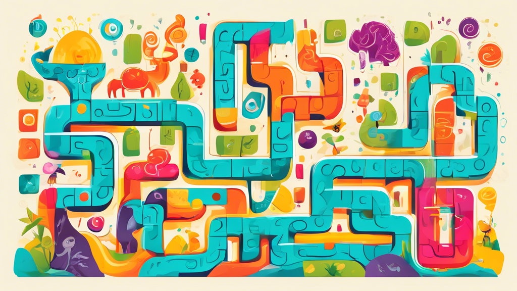 Create an image of playful and colourful brain teaser puzzles designed for kids, featuring elements like mazes, riddles, and logic puzzles. Make sure the visuals are engaging and age-appropriate, sparking curiosity and problem-solving skills in child