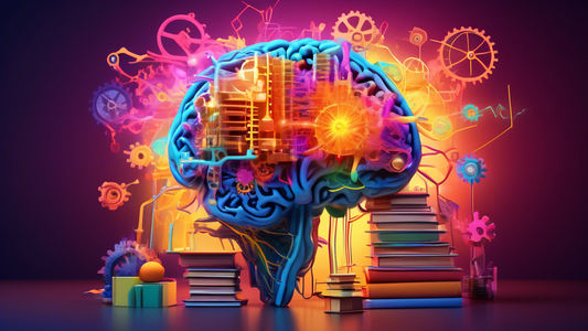A vibrant and surreal depiction of a brain with synapses connecting to books, gears, and growth charts, symbolizing the empowerment of a growth mindset and the strategies for success. The scene is ill