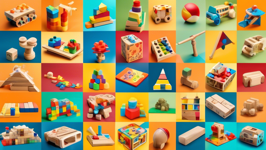 A colorful and visually appealing collage of different types of educational toys, such as building blocks, puzzles, and board games, arranged in a way that suggests a logical progression or journey of