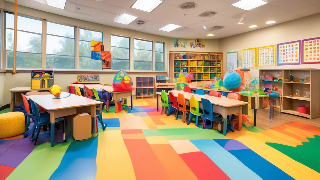 A colorful and whimsical classroom environment where exceptional learners engage in playful learning activities. The classroom is filled with interactive learning stations, sensory toys, and hands-on 